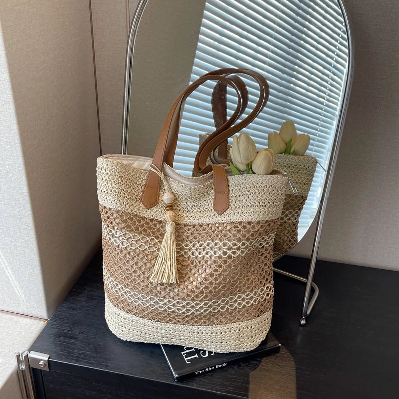 Women's Large Straw Color Block Beach Classic Style Weave Bucket Zipper Shoulder Bag