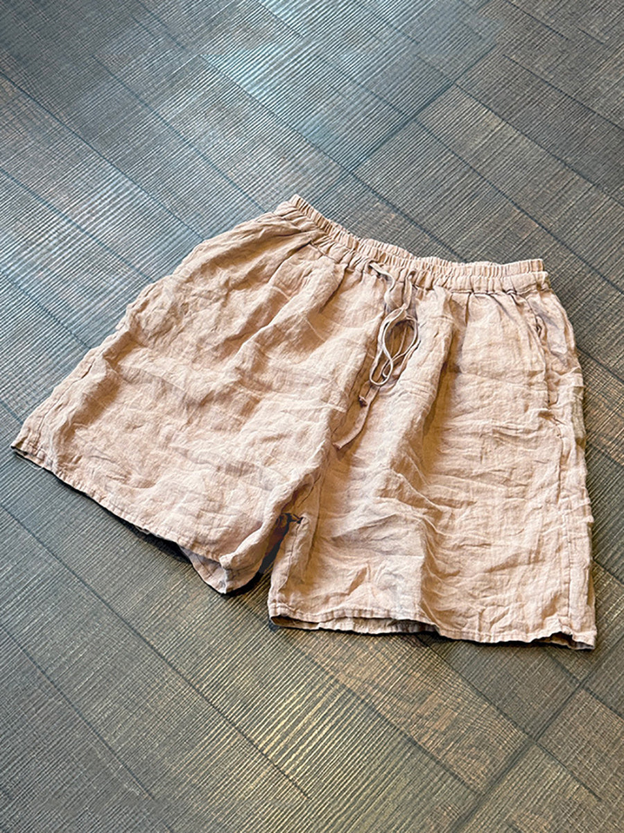 Women Summer Vintage Pure Color Linen Fifth Pants