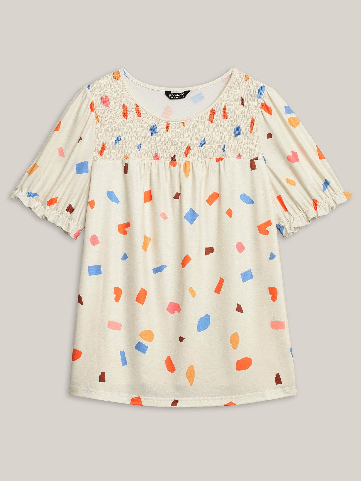 Confetti Print Shirred Round Neck T-Shirt