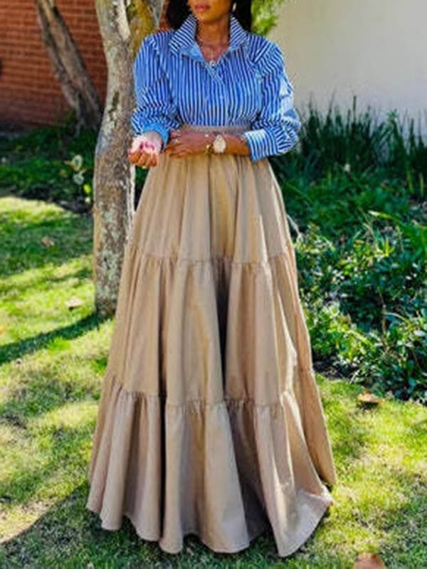 Split-Joint Striped Lapel Blouse + A-Line High Waisted Pleated Skirt Two Pieces Set