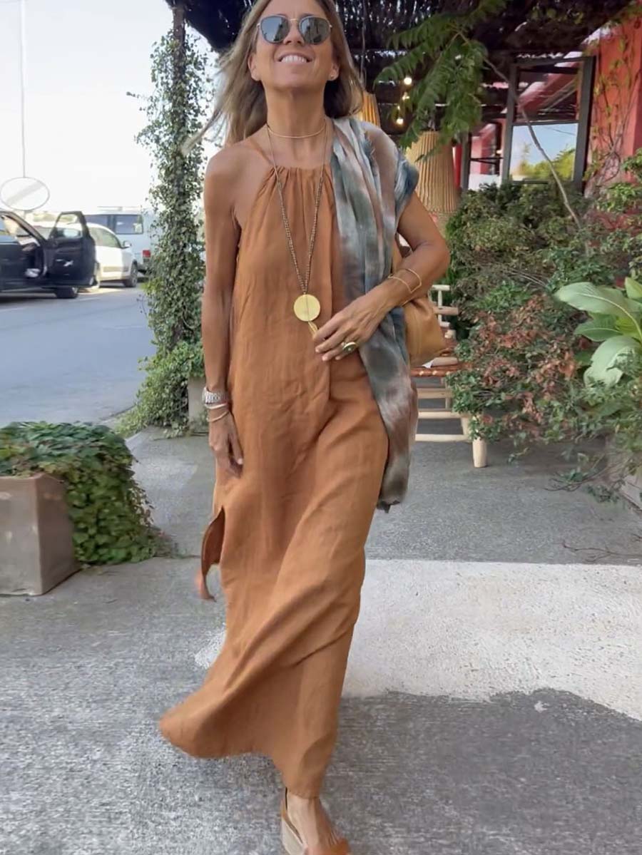 Hanging Neck Slit Casual Vacation Dress