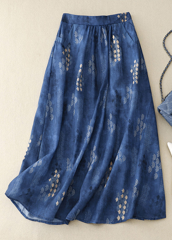 Navy Print Pockets Elastic Waist Cotton Skirt Summer