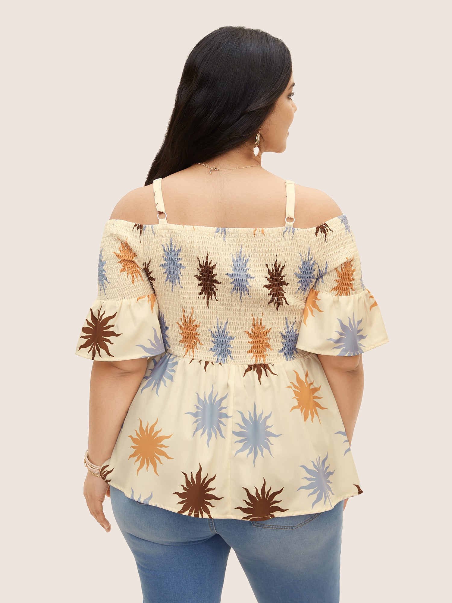 One Shoulder Sun Print Ruffle Sleeve Blouse