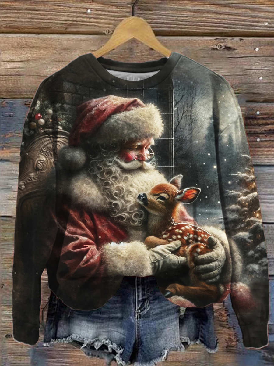 Santa and Elk Print Casual Long Sleeve Top