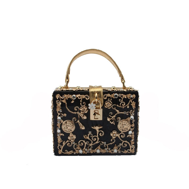Black White Gold Arylic Flower Hollow Square Evening Bags