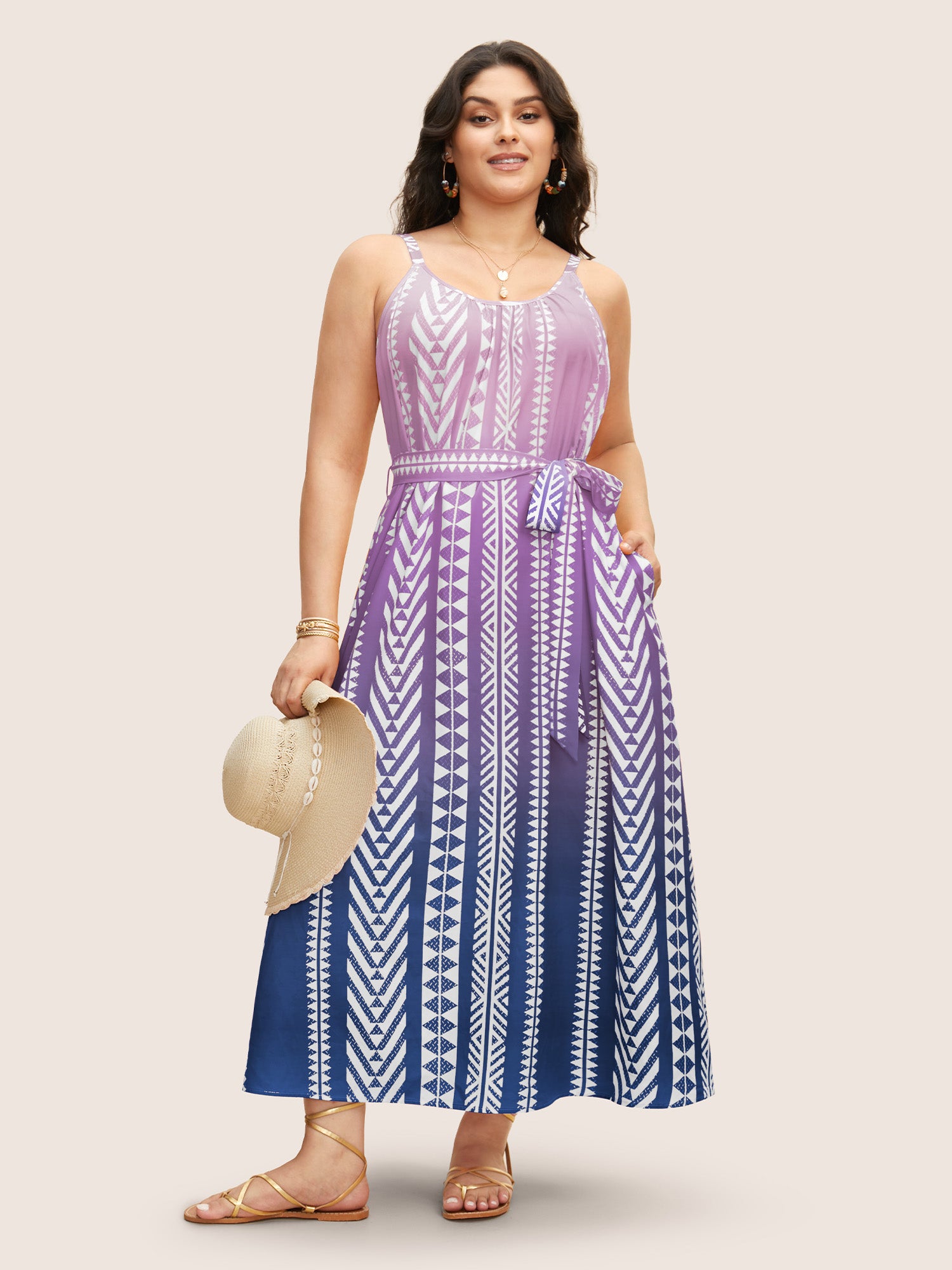 Ombre Contrast Geometric Belted Maxi Dress