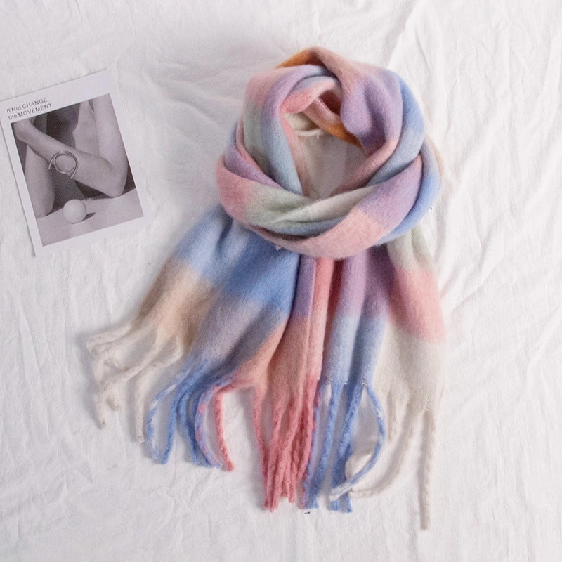 Autumn And Winter New Thick Warm Color Plaid Scarf Loop Yarn Thick Tassel Color Matching Ac Shawl Scarf Women