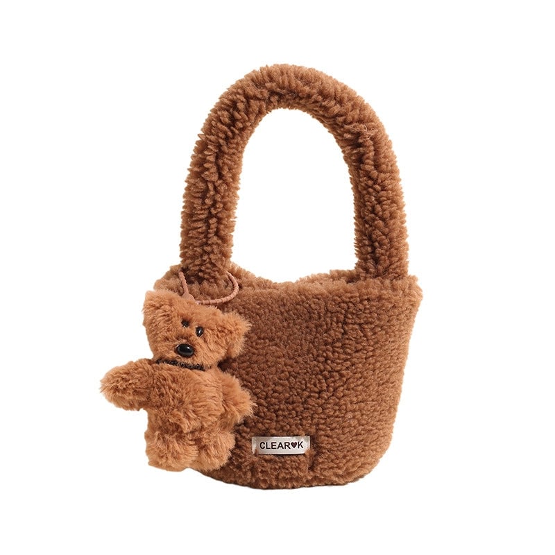Women's Plush Solid Color Cute Bucket Magnetic Buckle Shoulder Bag Handbag Crossbody Bag