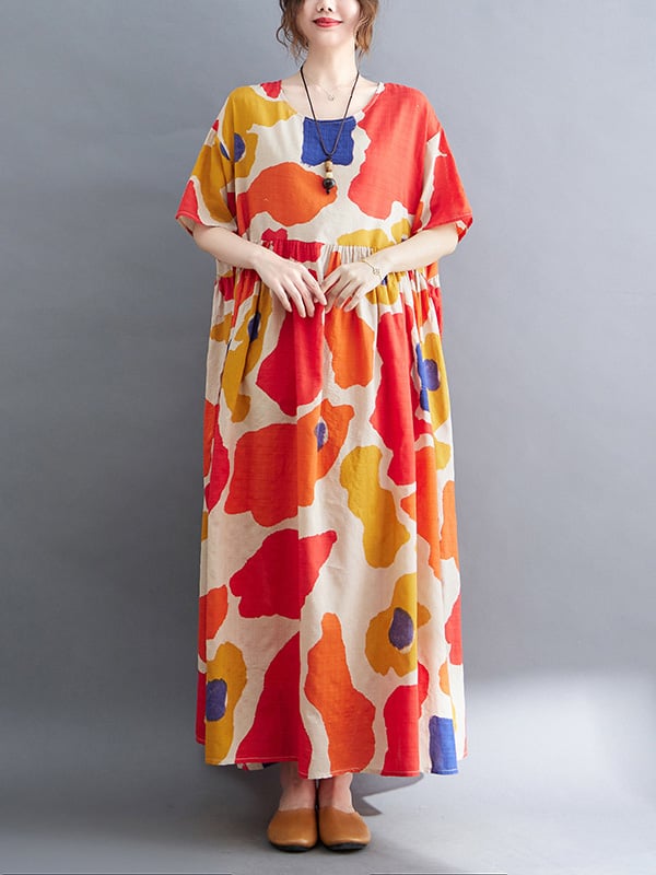Artistic Retro Short Sleeves Loose Contrast Color Printed Round-Neck Midi Dresses