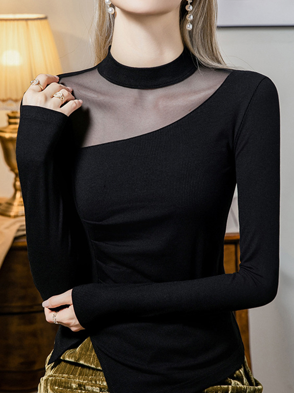 Long Sleeves Plus Size Asymmetric See-Through Solid Color Split-Front Split-Joint Round-Neck T-Shirts Tops