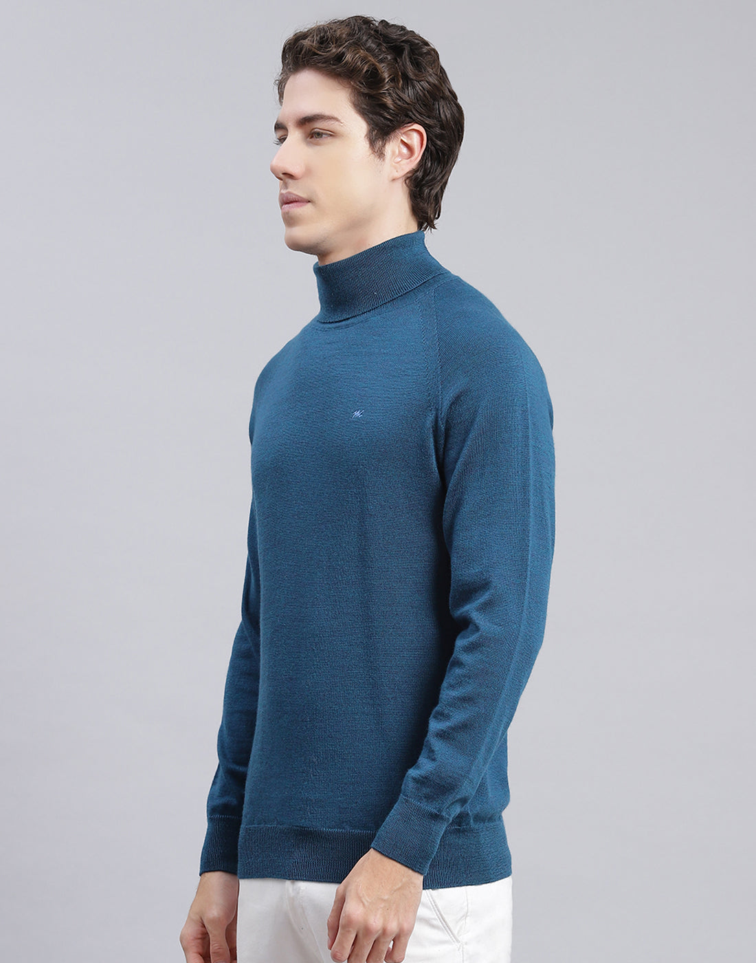 Men Teal Blue Solid High Neck Full Sleeve Pullover