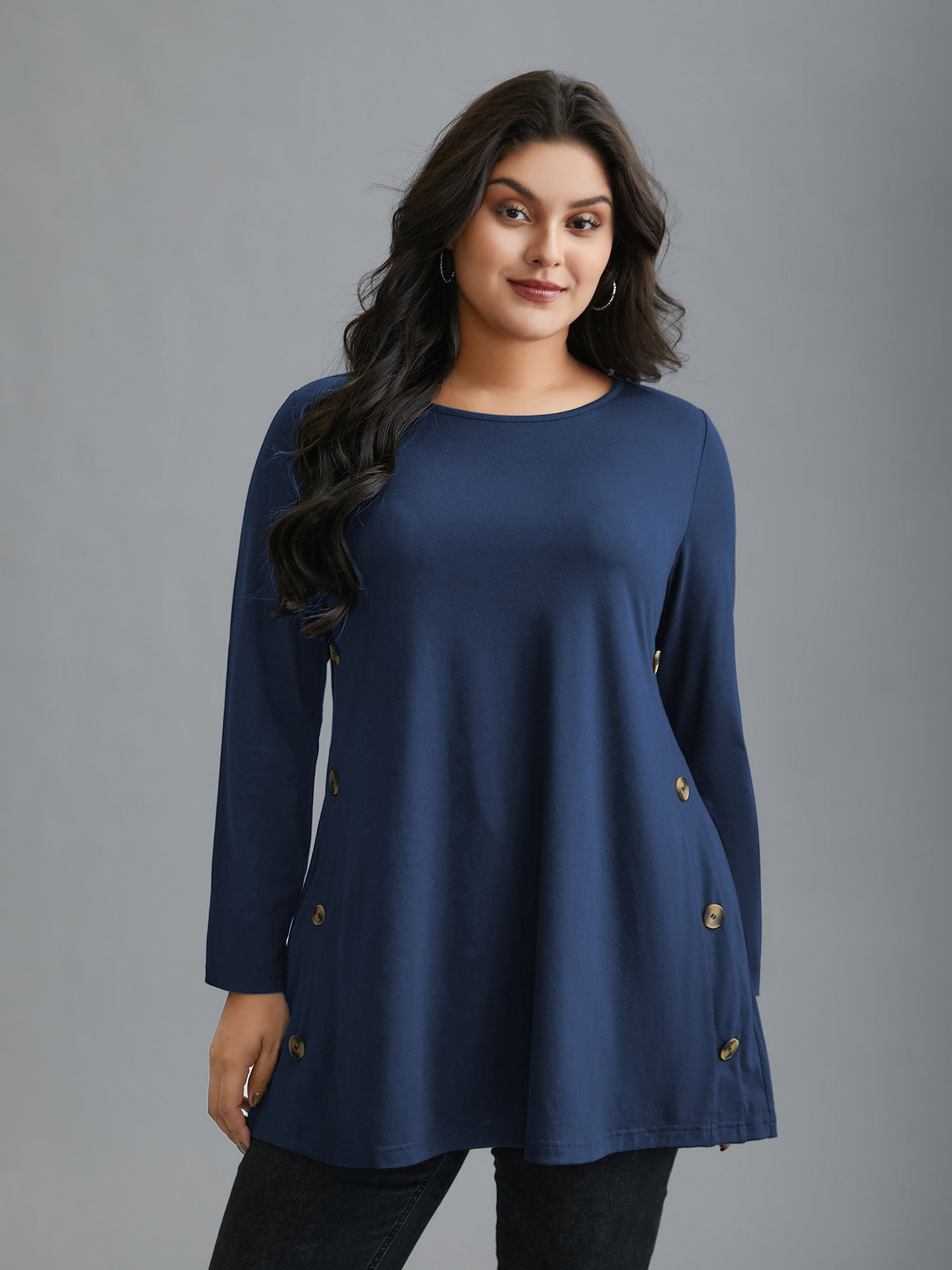 Round Neck Button Slim-Fit Knit Top