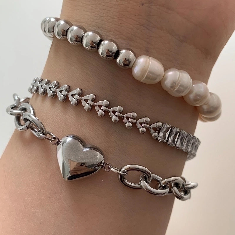 2 Pieces Casual Modern Style Geometric Heart Shape 304 Stainless Steel 16K Gold Plated White Gold Plated Gold Plated Zircon Bracelets In Bulk