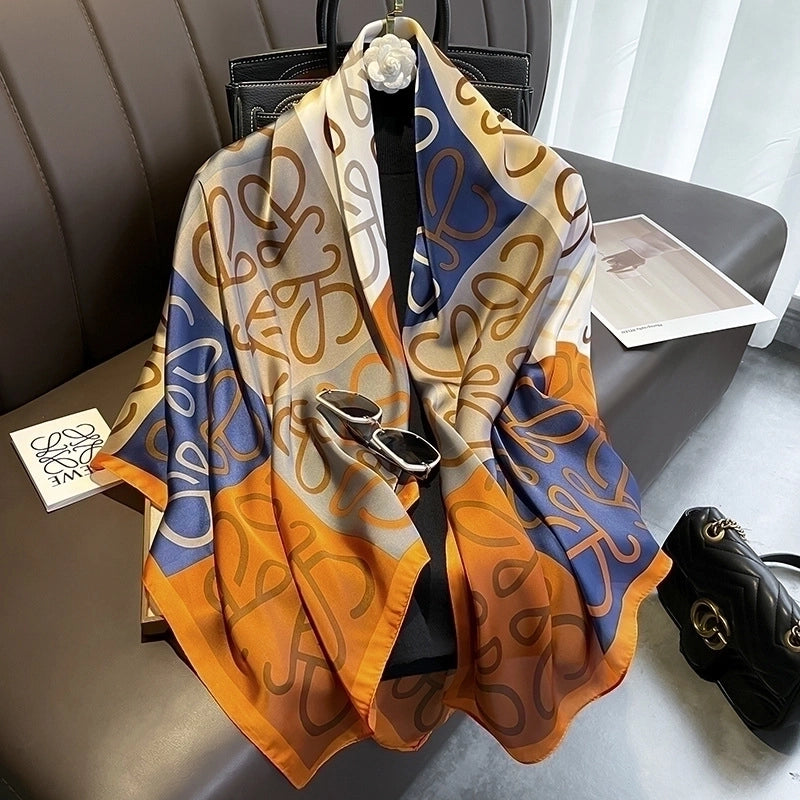 Classic Blue Orange Big Flower Simulation Silk Scarf Large Square Shawl