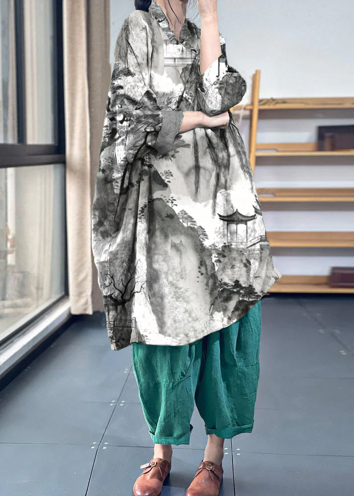 Vintage Green Oversized Print Cotton Dresses Batwing Sleeve