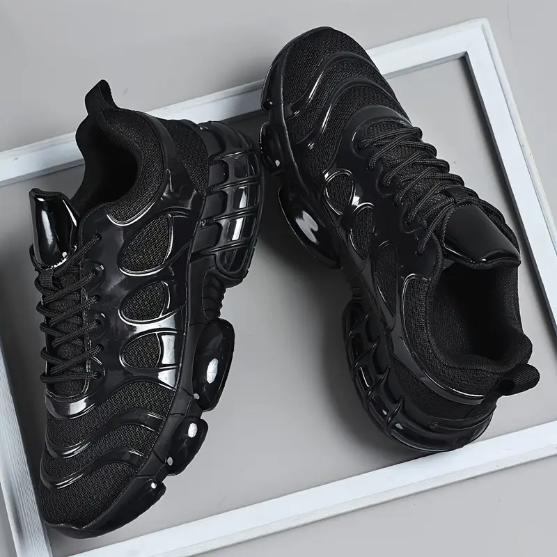 Men's Low-Top Sneakers - Glossy Black Retro-Modern Design with Arch Support & Cushioned TPU Sole - Breathable PU/Fabric Upper for All-Season Gym, Running, Casual & Casual Attire - Comfortable Sneakers, Workout Footwear, Sporty Look, Classic Style, Durable