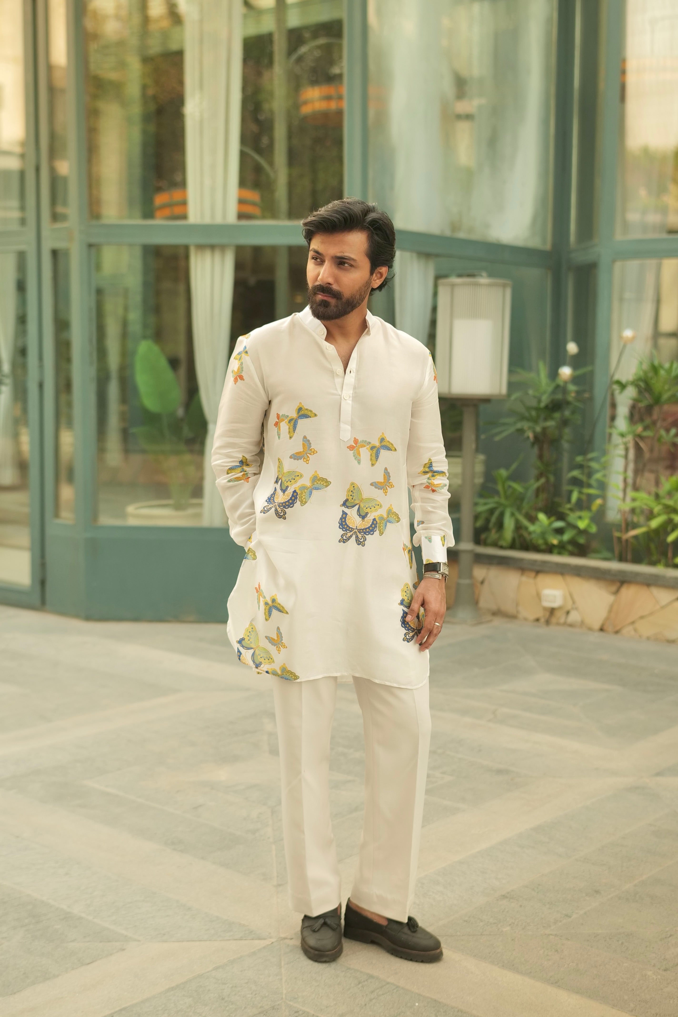 White Butterfly Printed Ganganagery Kurta