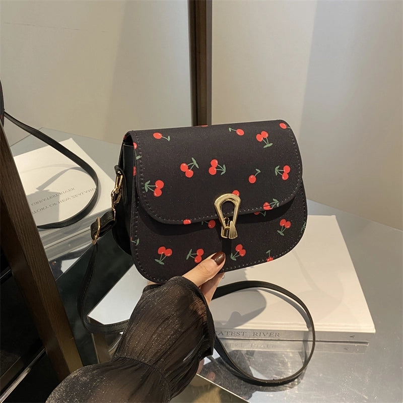 Simple Trendy  Cherry Print Elegant Twist Lock Shoulder Bag Fresh Crossbody Small Square Bag