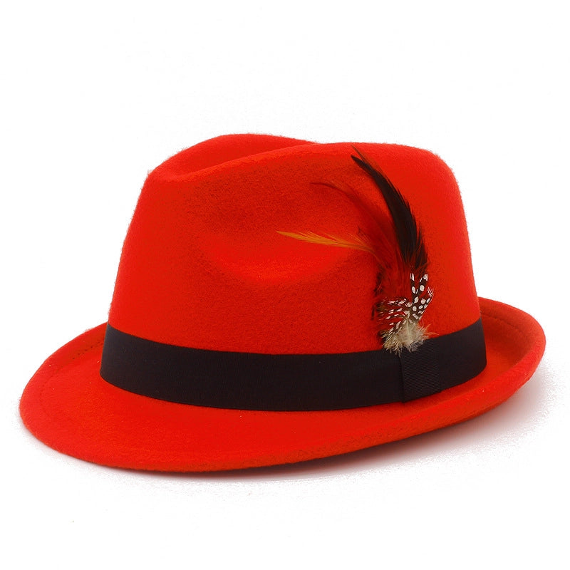 Hot Sale Feather Bowler Hat Autumn And Winter  Felt Hat Fashion Woolen Gentleman Hat Retro Jazz Hat