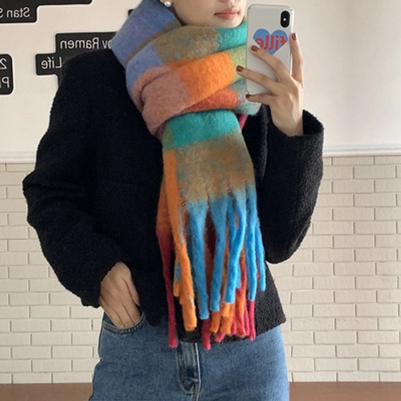 Macaron Color AC New Color Matching Mohair Extra-large Thickened Scarf Women's Plaid Winter Large Shawl Scarf