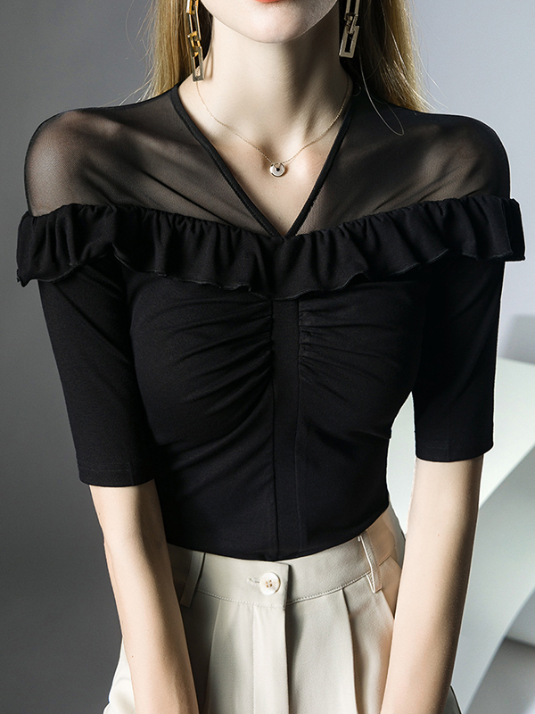 Half Sleeves Skinny Pleated Ruffle Trim Solid Color Split-Joint V-Neck T-Shirts Tops