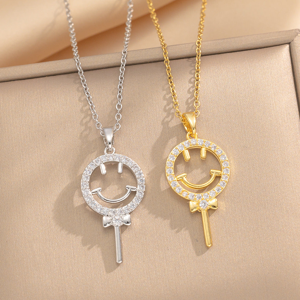 Titanium Steel Lollipop Smiley Face Necklace For Women Summer Fashion Design Versatile Zircon Clavicle Necklace