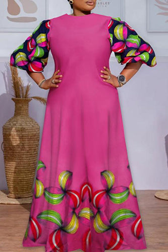 Elegant Round Neck Casual Loose Printed Maxi Dress