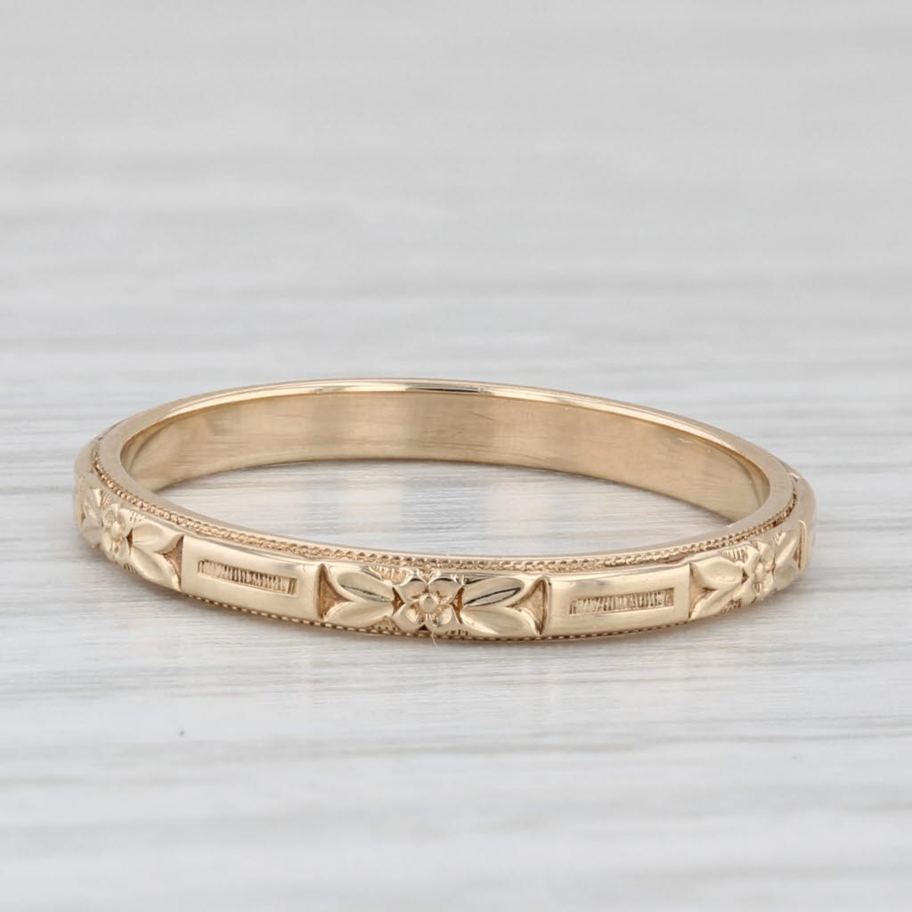 Art Deco Floral Pattern Band 14k Yellow Gold Size 6 Ring Stackable Wedding Wood