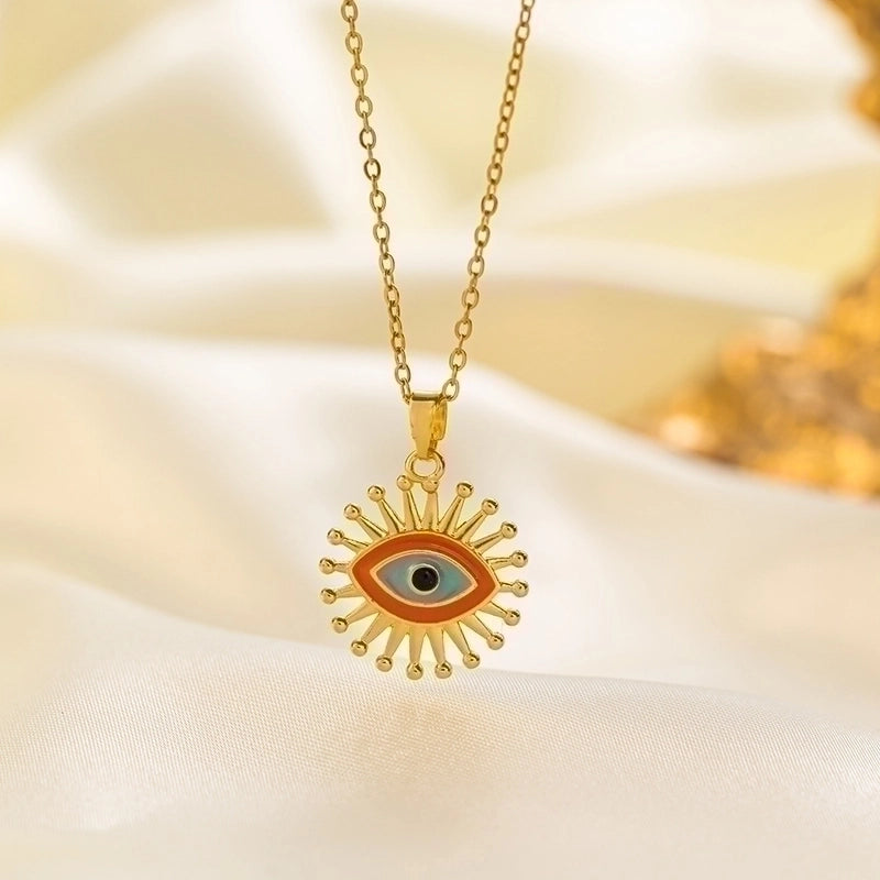 304 Stainless Steel 18K Gold Plated Vintage Style Minimalist Inlaid Zircon Eye Artificial Rhinestones Resin Pendant Necklace