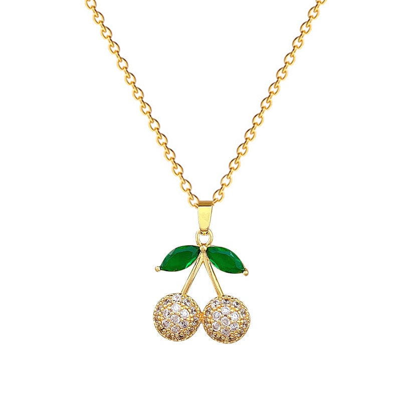 Green Leaf Cherry Necklace Earrings Set Micro-Inlaid Personalized Banquet Earrings And Necklace Combination