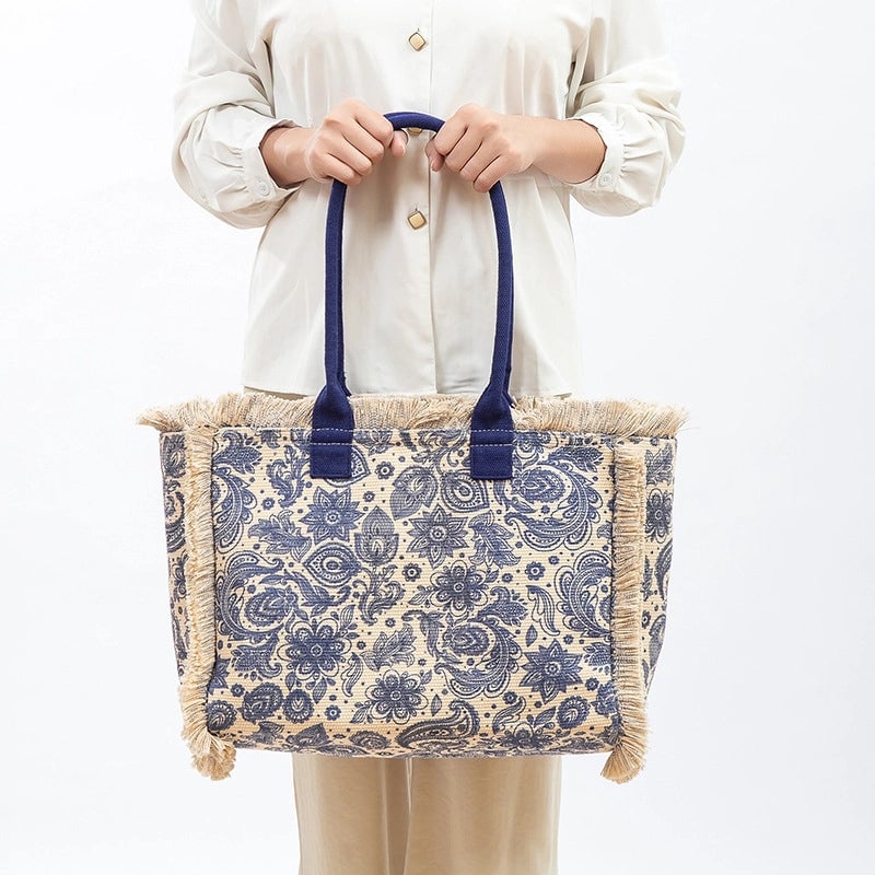 Women's Large All Seasons Polyester Cotton Color Block Classic Style Square Zipper Tote Bag
