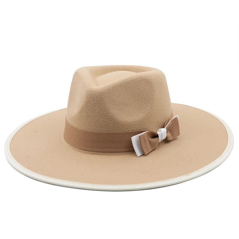 New Contrast Color Big Brim Cashmere Top Hat Feather Accessories Woolen Woolen Hat  Top Hat Autumn And Winter