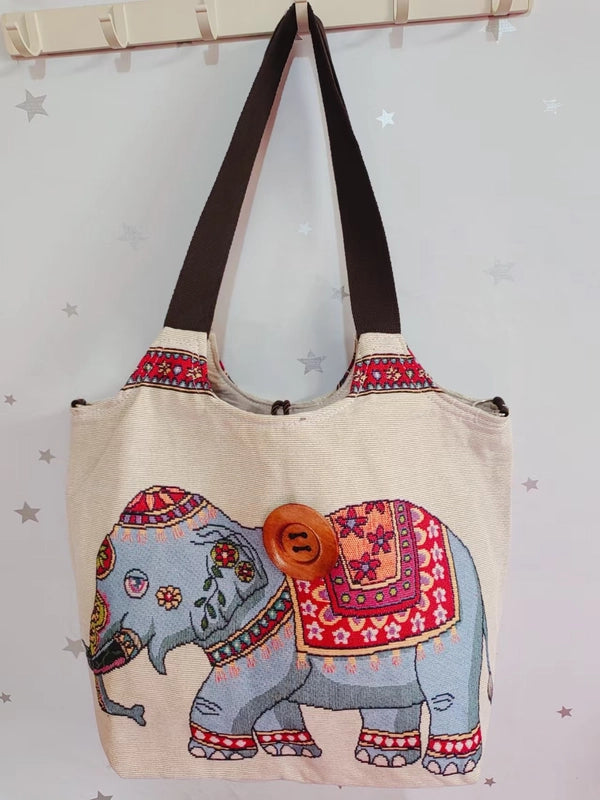 Women's Large Canvas Elephant Ethnic Style Square Zipper Shoulder Bag
