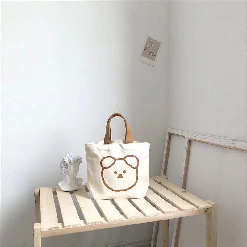 Canvas Bag New Bear Cute Cartoon Student Portable Lunch Bag Korean Style Small Mini Bear Head Canvas Bag