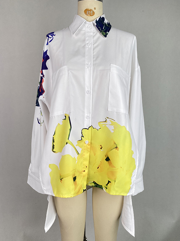 High-Low Long Sleeves Buttoned Flower Print Pockets Split-Side Stand Collar Blouses&Shirts Tops
