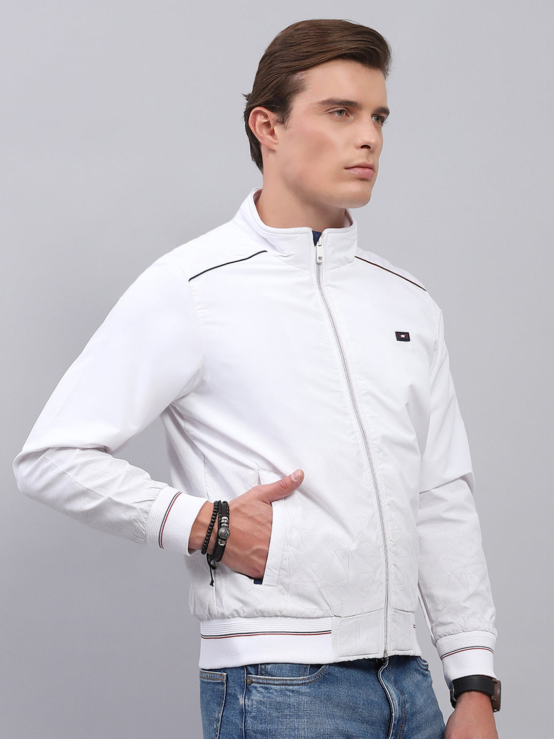 Men White Solid Mock Neck Full Sleeve Jacket