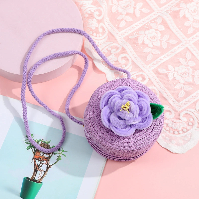 Women's Small Straw Solid Color Flower Vacation Beach Weave Round Zipper Straw Bag
