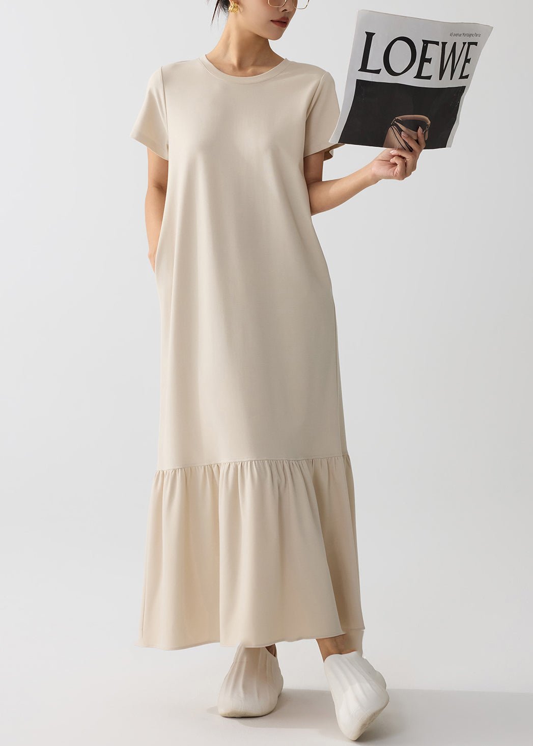 Women Apricot O-Neck Patchwork Cotton Holiday Dress Summer