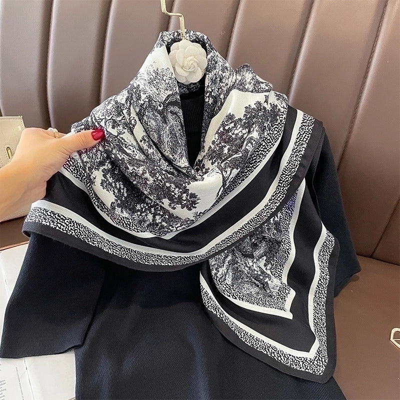 Women's Classical Square Flower Polyester Silk Scarf