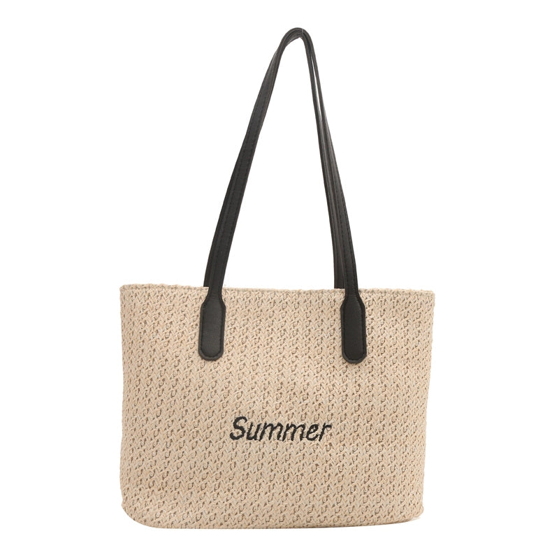 Women's Medium Straw Letter Vacation Beach Weave Zipper Straw Bag