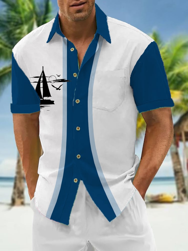 resort striped boat print short sleeve pocket shirt