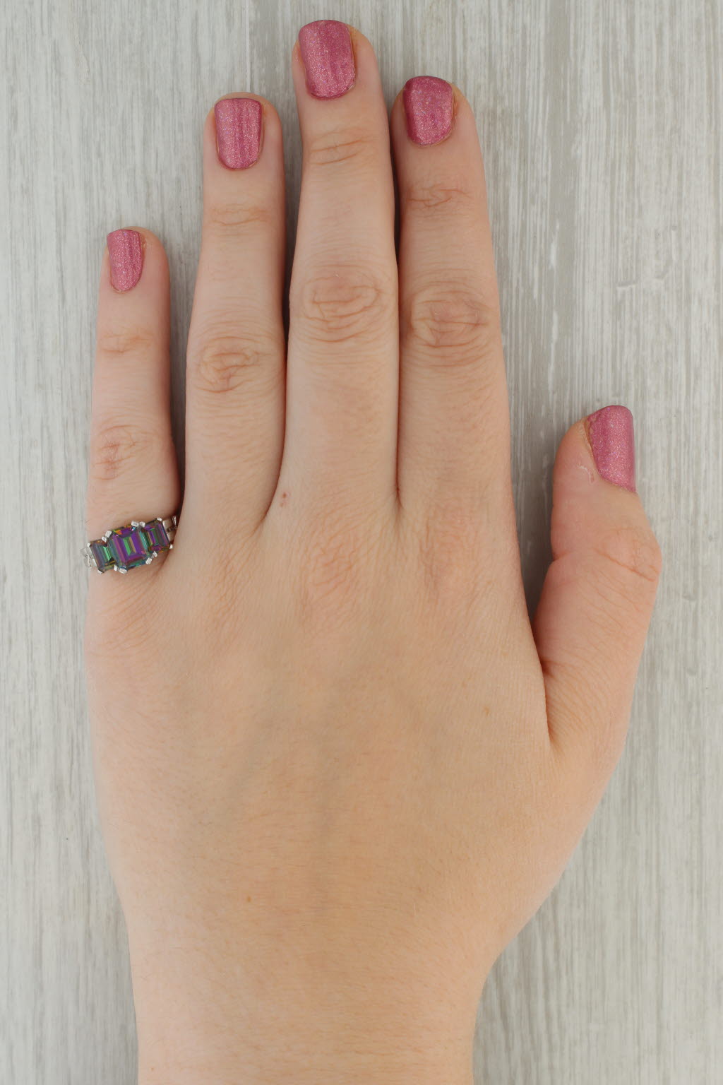3.40ctw Purple Green Mystic Topaz 3-Stone Ring 10k White Gold Size 7