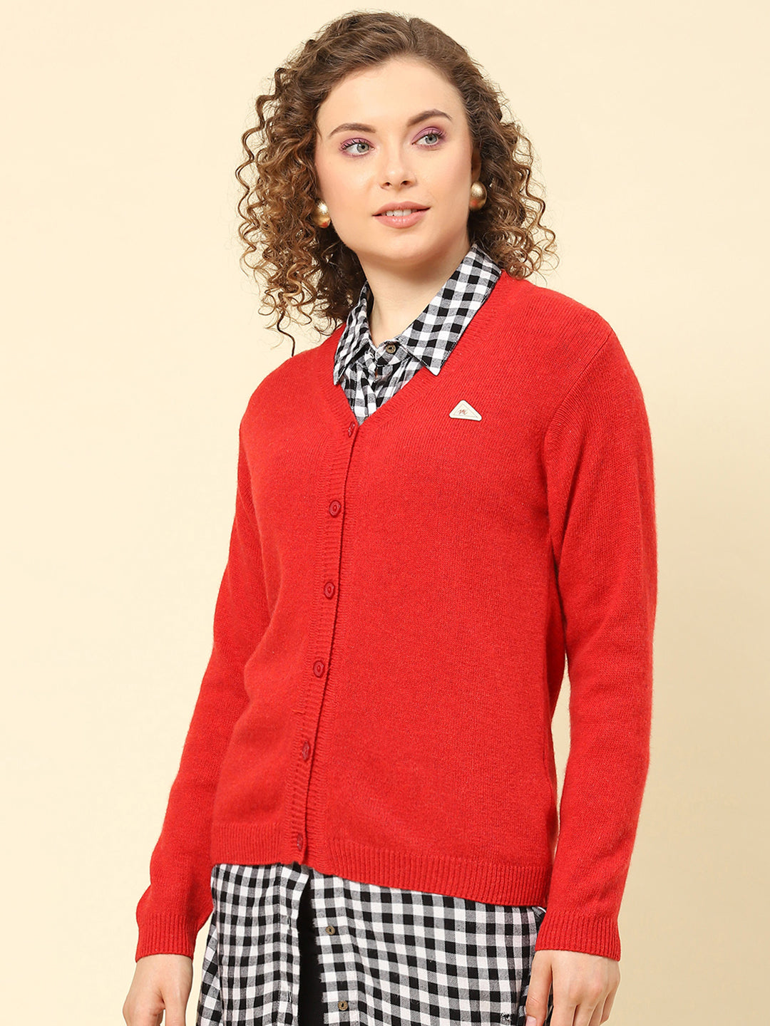 Women Rust Solid V Neck Full Sleeve Cardigans