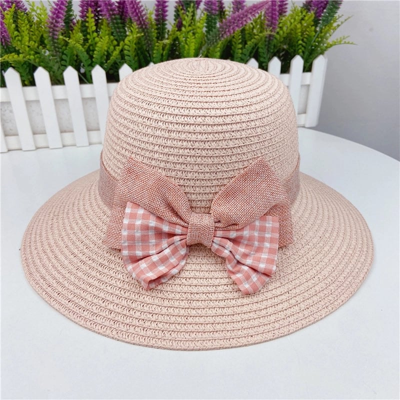 Summer Plaid Bow Straw Fisherman Hat Shade Travel Straw Hat