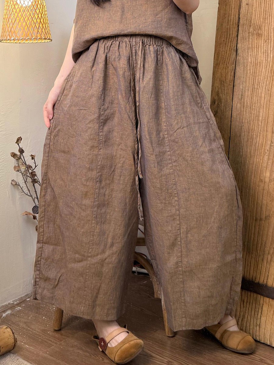Women Summer Retro Pure Color Linen Wide-leg Shorts