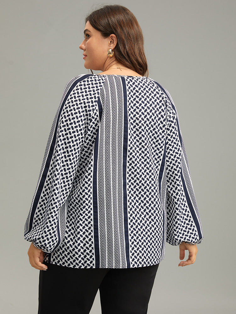 Geo Striped Tie Lantern Sleeve Blouse