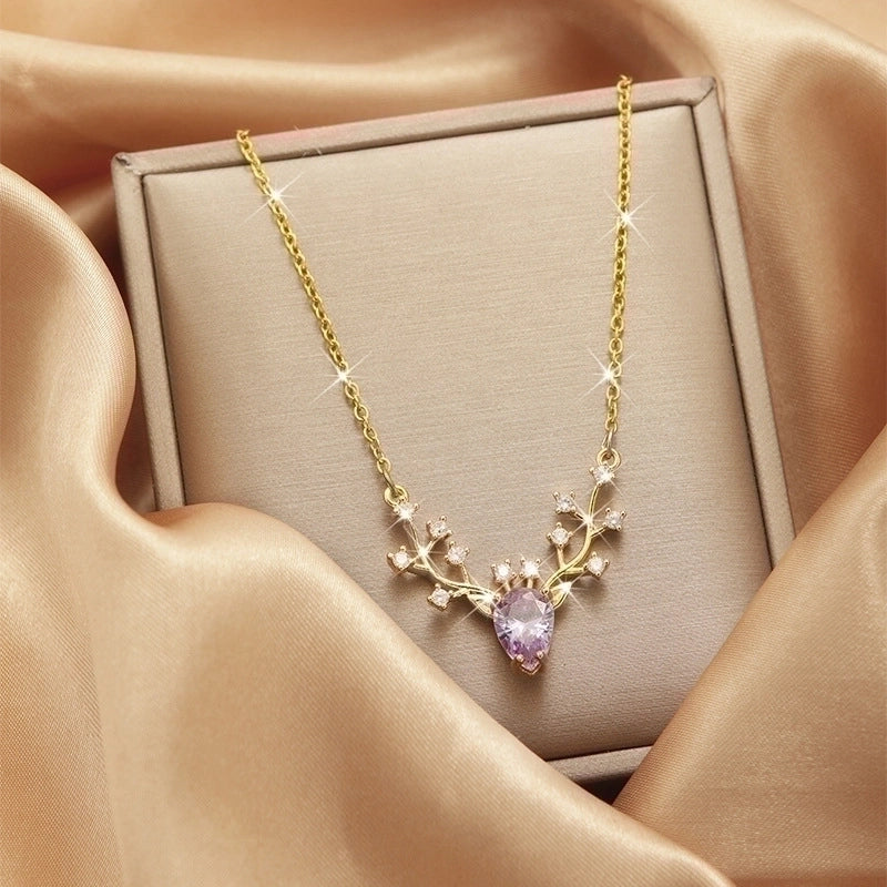 3 Pieces Lady Heart Shape Flower Titanium Steel Plating Inlay Zircon Gold Plated Pendant Necklace