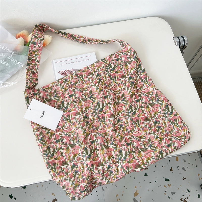Women's Medium Canvas Flower Basic Classic Style Square Open Canvas Bag