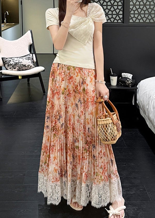 Stylish Orange Print Lace Patchwork Chiffon Pleated Skirt Summer