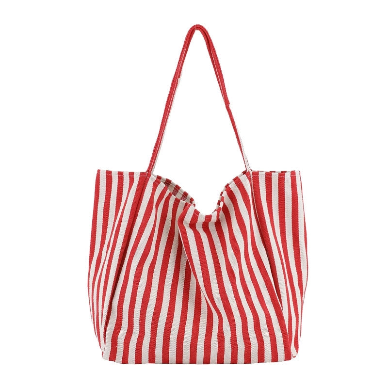 Women's Large Canvas Stripe Basic Classic Style Open Canvas Bag